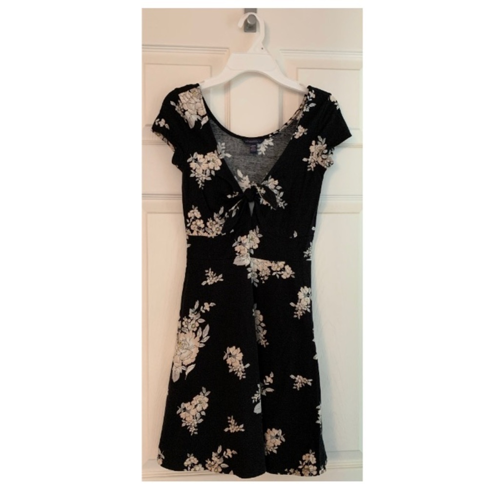 Black, floral a-line midi dress. Front ties. Aeropostale